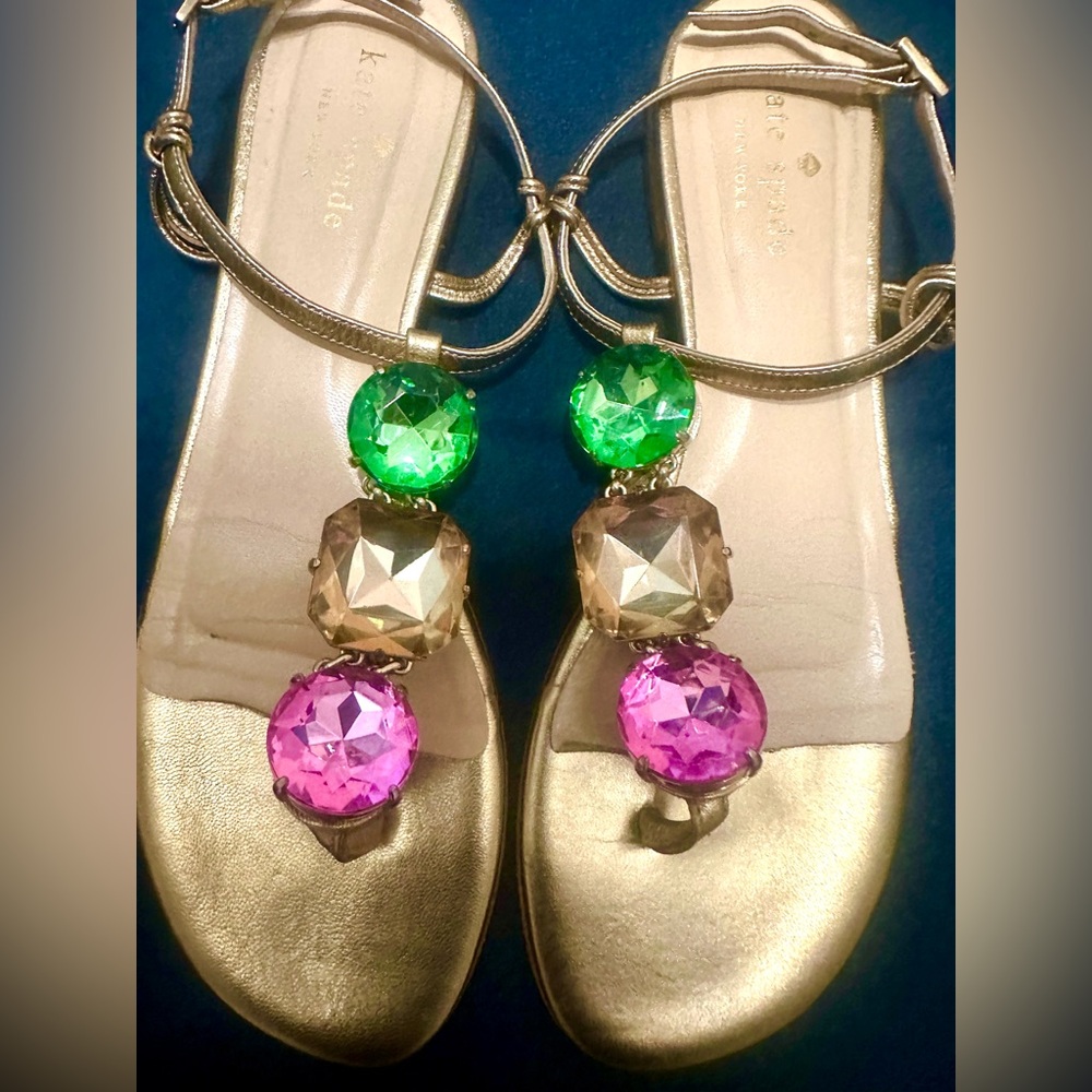 Kate Spade 3 Rhinestone, Gold, Flat Sandals. Leather, Made in Italy. Rare find.